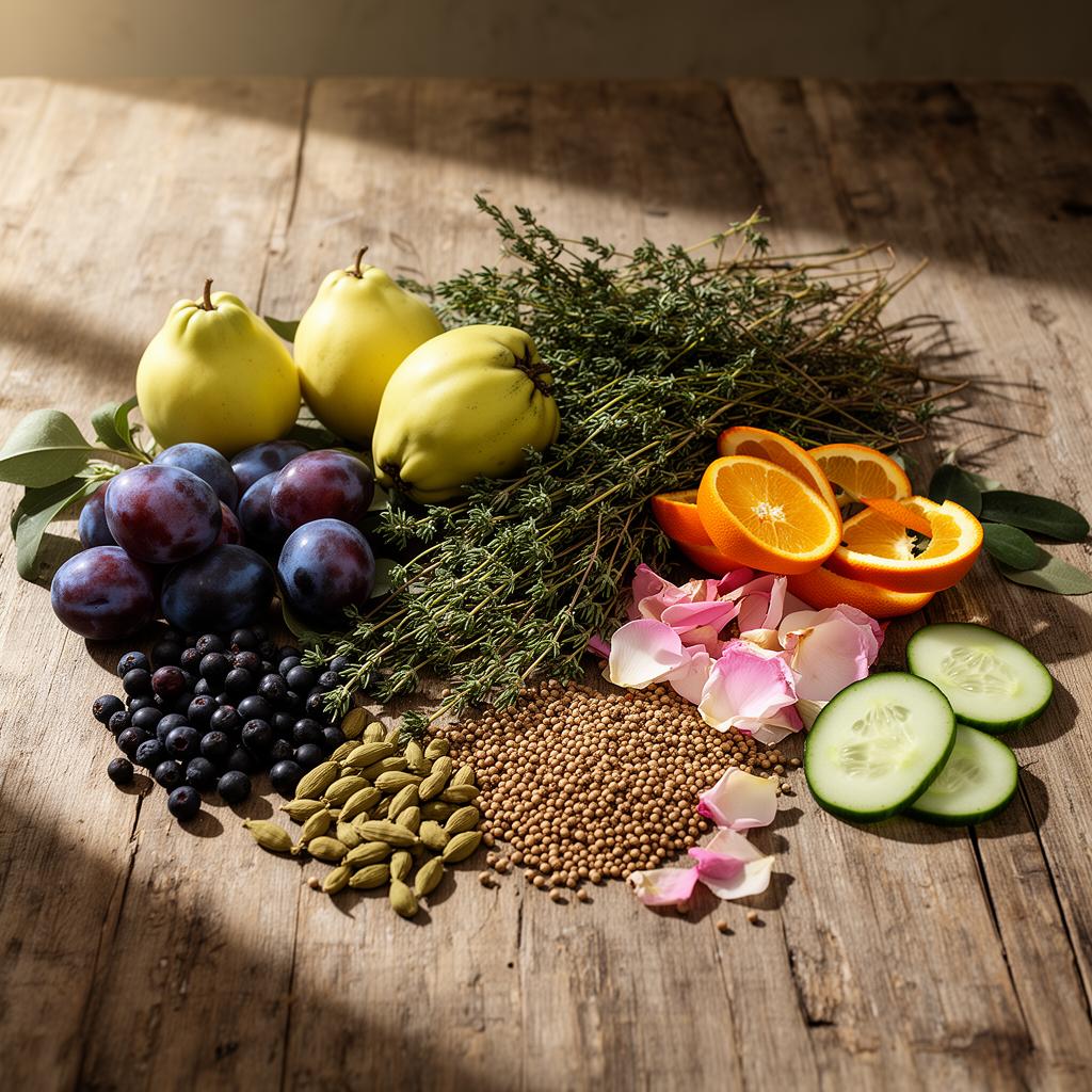 Fresh botanicals, fruits, herbs and juniper berries arranged for distillation