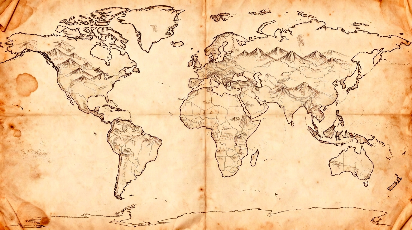 Hand-drawn vintage map of the world on aged parchment